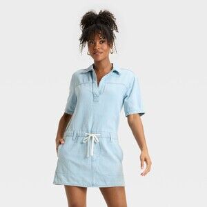 Short Sleeve Drop Waist Drawstring Dress - Light Blue L